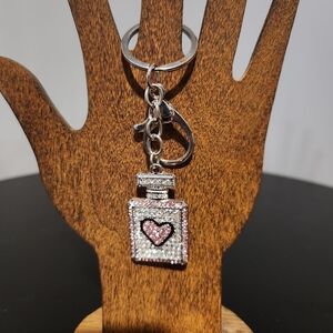 Silver Perfume And Pink Heart Keychain Charm